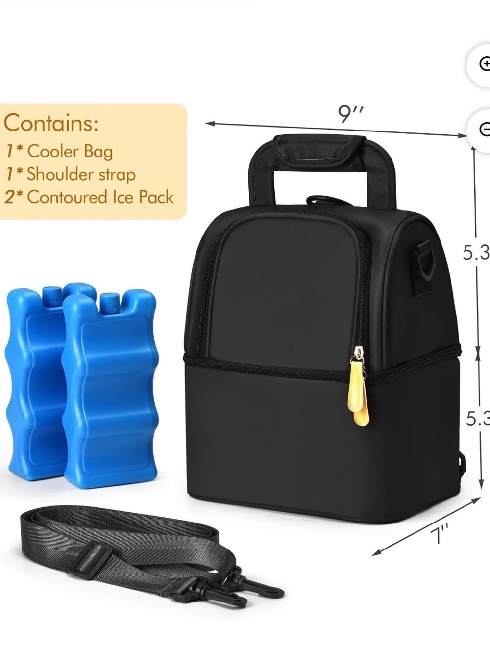 Breastmilk Cooler Bag with 2 Ice Packs Fits 6 Bottles Double Layer Black